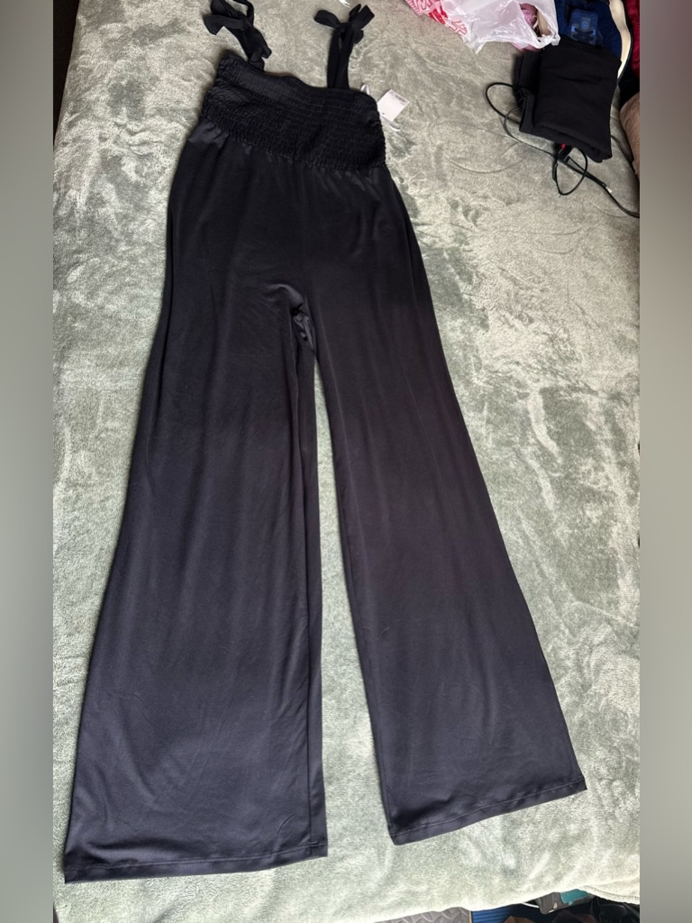 SO Black Wide-Leg Jumpsuit with Smocked Waist and Tie Straps